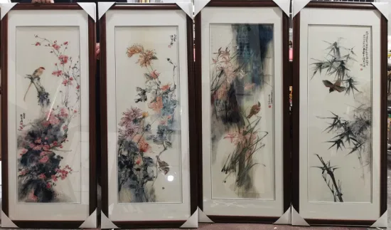 Fino bordado hecho a mano con cuatro biombos, flor de ciruelo, orquídea, bambú, crisantemo y bordado puro hecho a mano para la decoración del estudio.